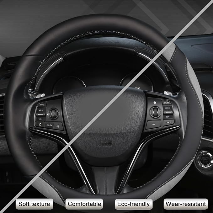West Llama Customized Auto Car Steering Wheel Cover for Honda Civic, CR-Z, Insight, S2000, 14" - 14.25" (Black+Gray-Small Size)