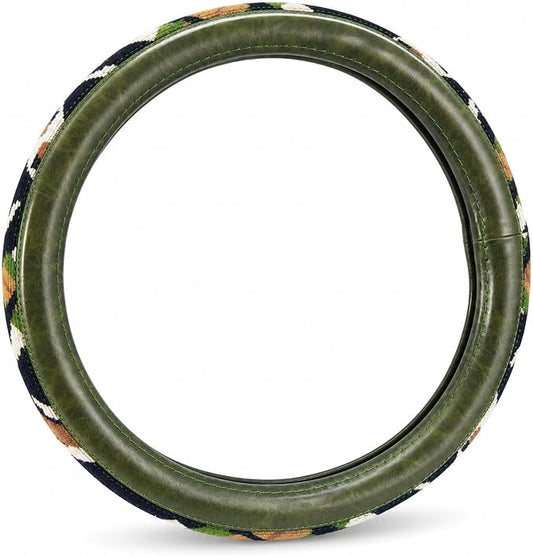 Universal 15inch Ethnic Style Baja Blanket Steering Wheel Cover with Coarse Flax Cloth and Sweat Absorption Anti Slip Car Wrap (Boho Green Leather 2)
