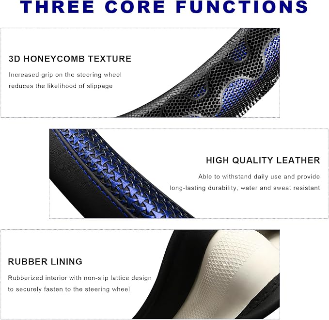D-Shaped Steering Wheel Cover, Leather Car Wheel Protector with 3D Honeycomb Anti-Slip Design, Universal Breathable Comfy Cover Fits 14.5-15 Inch Steering Wheels, Car Accessories (Blue)