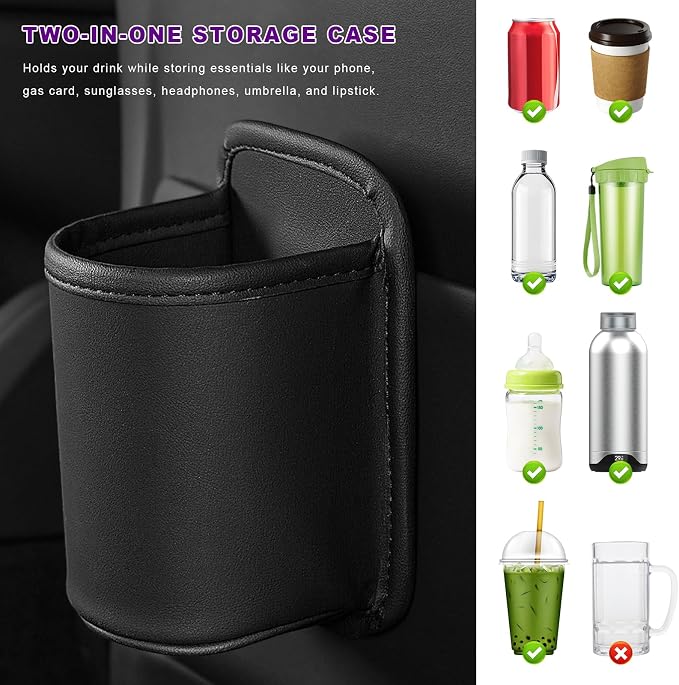 Large Car Door Cup Holders, Clip On Beverage Drink Holder Vehicle Door Storage Organizer, Scratch-Resistant Leather Water Bottle Hanging Holder for SUV Sedan Truck (Black)