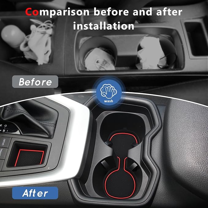 Auovo 3D Cup Holder Insert Liners Compatible with Toyota RAV4 Accessories 2025 2024 2023 2022 2021 2020 2019 Car Custom Cup Holder Mats Pads 4-pc Set (Red Trim)