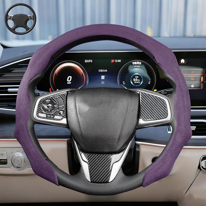 Car Steering Wheel Cover, Soft Brethable Suede Non-Slip Vehicle Steering Wheel Protector, Comfortable Sporty Auto Interior Protection Accessories, Universal for Truck SUV Van (Purple)