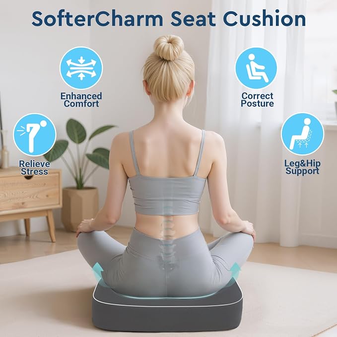 Seat Cushion, Memory Foam Office Chair Cushions for Long Sitting Hours, Chair Pad for Sciatica, Coccyx, Tailbone, Hip Pain & Pressure Relief, Office, Home, Car Seats,Airplane, Gray/X-Large