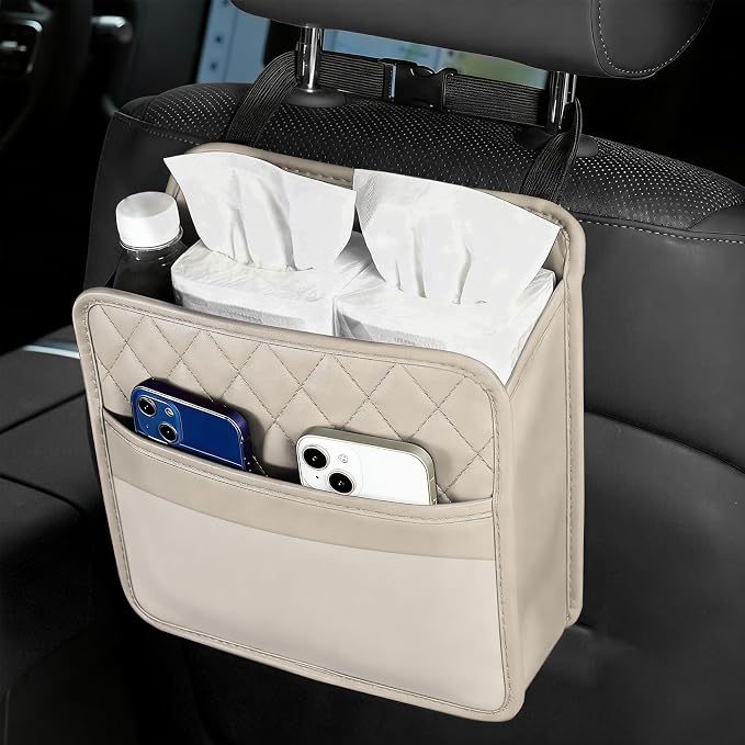 Car Seat Back Organizer, Car Organizers and Storage, PU Leather Vehicle Backseat Hanging Storage Pocket, Multipurpose Auto Organizer Hanging Universal for Most Vehicles (Beige)