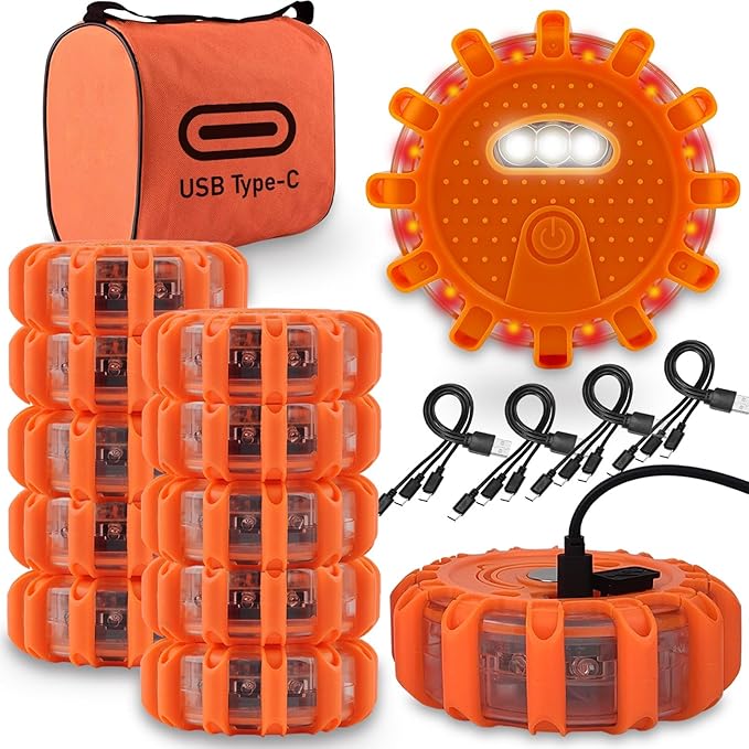 Ecoangel USB-C Rechargeable LED Road Flares Emergency Lights 3 in 1 Cable Roadside Warning Car Safety Beacon Flashing Disc Flare Kit with Magnetic Base for Vehicles