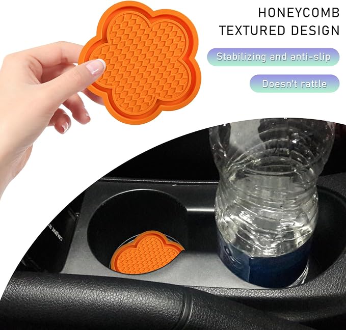 DXNQ 2 PCS Car Cup Coasters, Cute Flower Shaped Car Cup Holder Mat, PVC Waterproof Anti Slip Vehicle Cup Holder Insert Coaster, Universal Car Interior Decor Accessories (Orange)