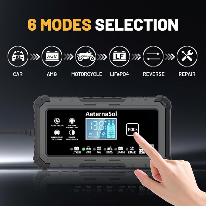 15A Smart Car Battery Charger, 12V/24V Automotive Battery Maintainer & Desulfator Compatible with 12.6V Lithium, LiFePO4, AGM, Gel, Lead-Acid, Trickle Charger for Truck, Motorcycle, RV (Black)