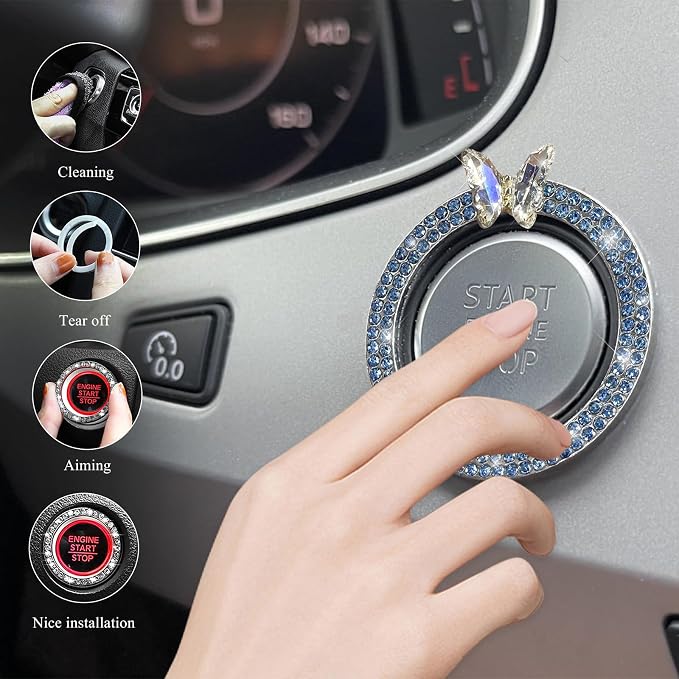 DXNQ 2PCS Bling Ring Emblem, Sparkling Butterfly Car Buttons and Knobs Ring, Girly Butterfly Diamond Car Engine Start Button Cover, Key Ignition Knob Rings Decoration for Women (Blue, Double Row)
