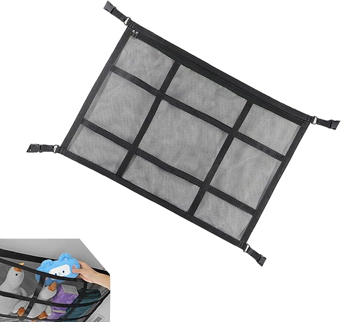 Car Ceiling Cargo Net, Double Layer Mesh Overhead Storage Organizer with Adjustable Straps, 20.87" x 31.5" Roof Storage Pocket for Camping Road Trips, Universal for Most Cars, SUVs (Black)
