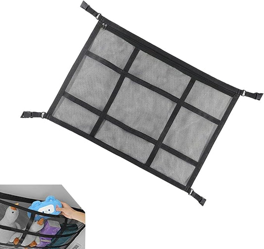 Car Ceiling Cargo Net, Double Layer Mesh Overhead Storage Organizer with Adjustable Straps, 20.87" x 31.5" Roof Storage Pocket for Camping Road Trips, Universal for Most Cars, SUVs (Black)
