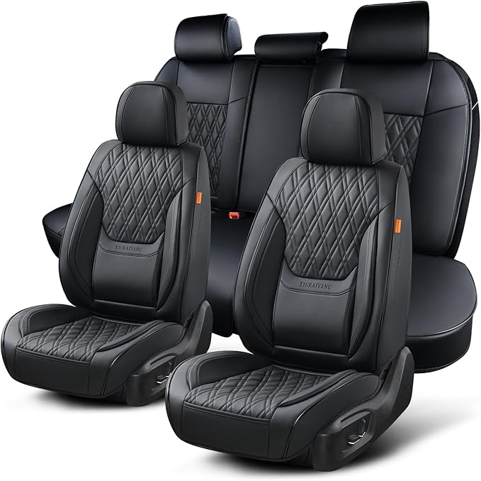 Car Seat Covers Full Set, Breathable Leather Automotive Front and Rear Seat Covers, Car Seat Protectors Full Set,Universal Automotive Vehicle Seat Cover for Most Sedan SUV Pick-up Trucks, Black