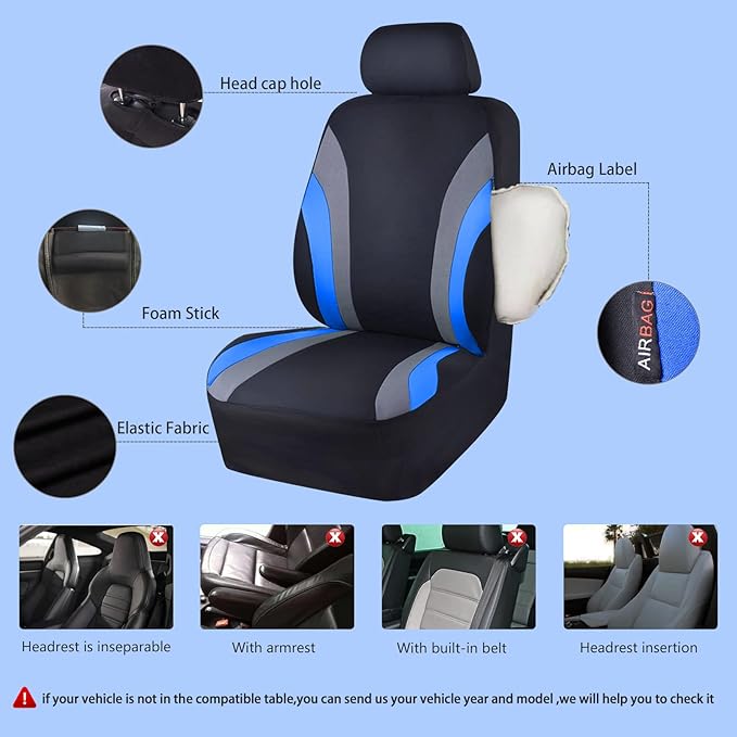 CAR PASS Line Rider Sporty Cloth 11PCS Universal Fit Car Seat Cover -100% Breathable with 5mm Composite Sponge Inside,Airbag Compatible,3zipper Bench(Full Set, Black and Blue)
