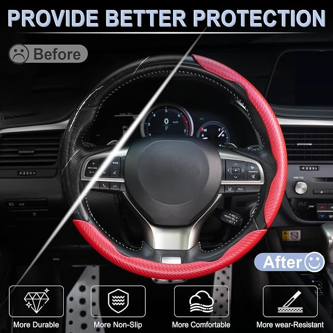 Amiss 3pcs Carbon Fiber Anti-Skid Steering Wheel Cover, Waterproof & Segmented Butterfly Design, Universal 99% Vehicle Wheel Cover Protector, Car Interior Accessories (Red-3pcs)