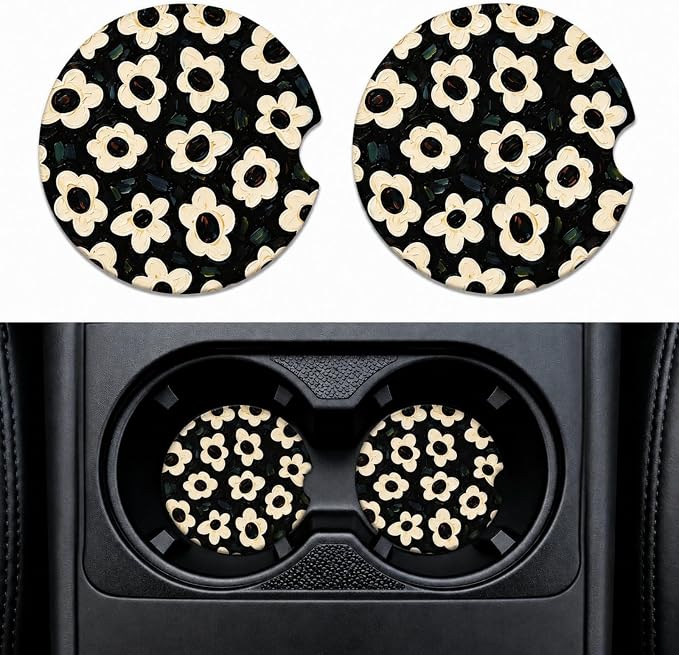 2Pack Car Cup Holder Coasters Absorbent Ceramic Coaster 2.56" for Women & Men Auto Flower Car Accessories (Ceramic Flower)
