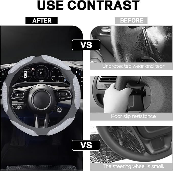 Wuyaoyao Car Steering Wheel Cover, 15 Inch PU Leather Anti-Slip Steering Wheel Covers Protector with Soft Hand Pad Cushion, Breathable & Comfortable, Universal Interior Car Accessories (Gray)