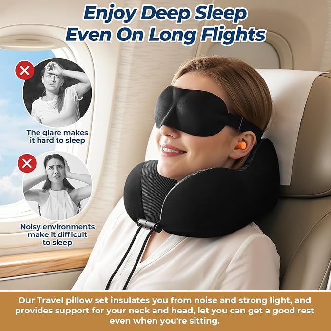 ExploreBliss Travel Pillow, 2 Pack Travel Pillows for Sleeping Airplane, Neck Pillow Airplane, Memory Foam Neck Pillow Set with Eye Mask, Earplugs and Storage Bag -Black & Pink