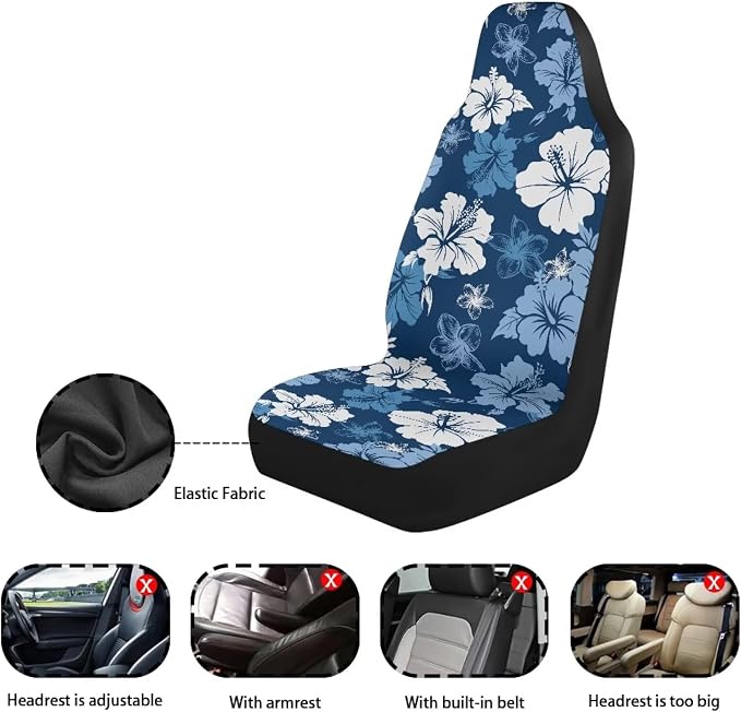 Hawaiian Flowers Front Car Seat Cover 2 Pcs Breathable Car Seat Covers for Front Seats Removable Automotive Accessories Easy Installation Universal Fit for Cars SUVs Sedans