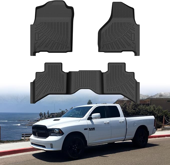 Mixsuper Floor mat for 2009-2018 Dodge Ram 1500 Quad Cab, 2019-2024 Ram 1500 Classic Quad Cab,All Weather TPE Rubber Floor Liners Protection for Car Accessories,2 Row Anti-Slip Car Mats, Black