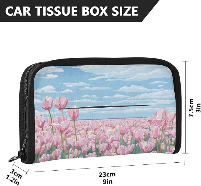 Car Visor Tissue Holder Mask Holder for Car, Car Tissue Box Sun Visor Napkin Holder Car Visor Accessories Adjustable Straps Reusable Durable Easy to Install Pink Tulip Field and Blue Sky
