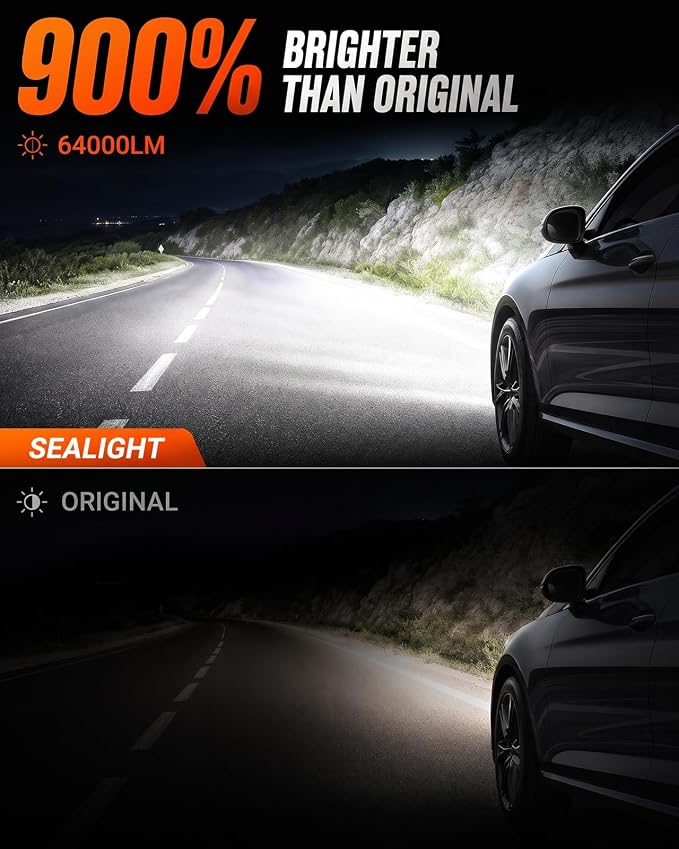SEALIGHT H7 Bulbs, 64,000LM 900% Brightness H7 Light Bulbs, 6500K Cool White Bulbs with 15000RPM Fan, Plug and Play ATV/UTV, 10-Year Extended Lifespan IP68 Waterproof, Pack of 2