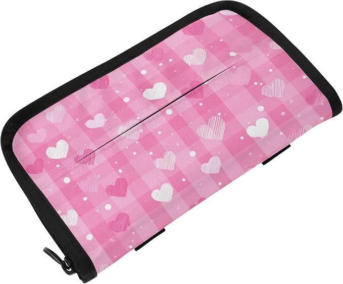 Car Visor Tissue Holder Mask Holder for Car, Car Tissue Box Sun Visor Napkin Holder Car Visor Accessories Adjustable Straps Reusable Durable Easy to Install Pink White Plaid Checkered Hearts
