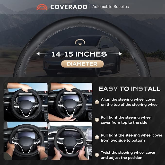 Coverado Car Steering Wheel Cover, Nappa Leather Black Steering Wheel Covers for Women, Universal 14-15 inch, Anti-Slip, Breathable Steering Wheel Protector