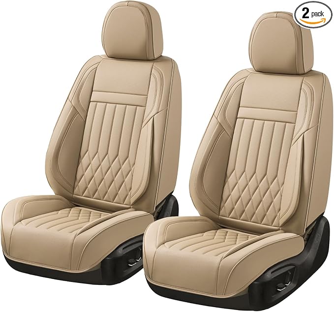 2-Seater Waterproof and Breathable Nappa Leather Car Seat Covers Full Set, Fit for Front Seats of Cars, Compatible with Airbags, Car Seat Protector Covers for Most Cars - Beige