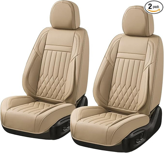 2-Seater Waterproof and Breathable Nappa Leather Car Seat Covers Full Set, Fit for Front Seats of Cars, Compatible with Airbags, Car Seat Protector Covers for Most Cars - Beige
