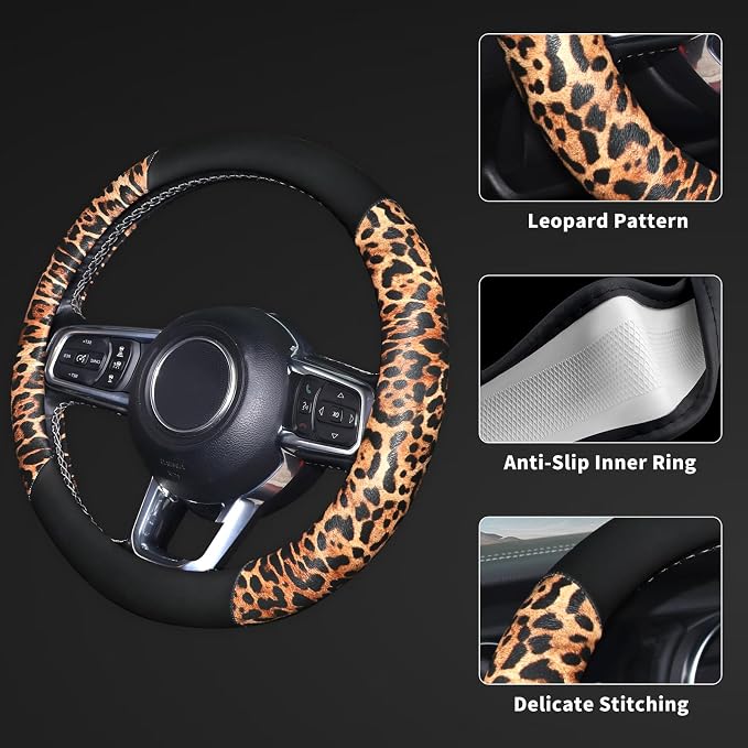Cheetah Leather Steering Wheel Cover, Steering Wheel Protector, Anti-Slip, Breathable, Absorbing Sweat, Universal Leopard Car Accessories 14.5–15 inch,Black&Brown