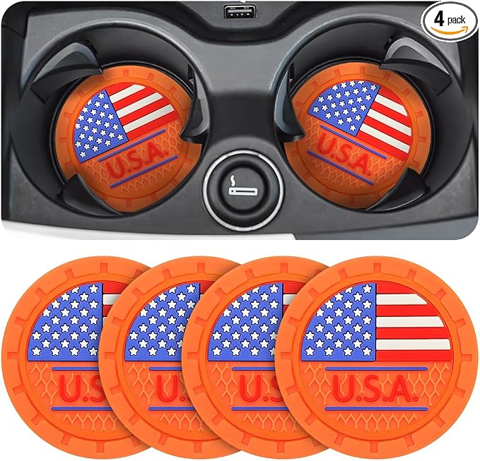 AUCELI 4 Pack Car Cup Holder Coasters, Colored American Flag US Flag Insert Car Cup Coaster, 2.75 Inch Anti Slip Shockproof Embedded Drink Mat, Vehicle Interior Decor Accessories
