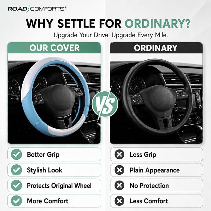 Road Comforts Steering Wheel Cover – Breathable Leather Steering Wheel Cover, Anti-Slip Grip, Universal Fit 14.5” to 15”, Heat & Cold Resistant for Cars, SUVs, and Trucks – Shining White & Blue