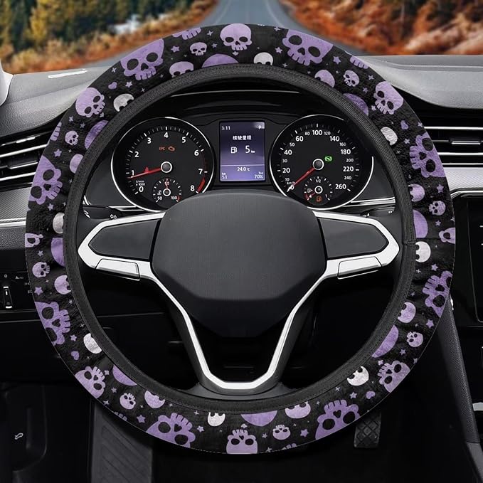 Wanyint Car Steering Wheel Cover for Women Men, Soft Neoprene Stretch Anti-Slip 15 Inch Steering Wheel Protector Universal Halloween Auto Decor, Purple Skull Print