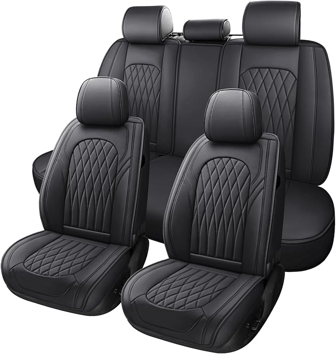 WELLDO Nappa Faux Leather Car Seat Covers Full Set, Black | Waterproof, Non-Slip Seat Protector, 0.28in Thickened Cushion, Airbag Compatible, Universal for Cars SUV Truck Pickup