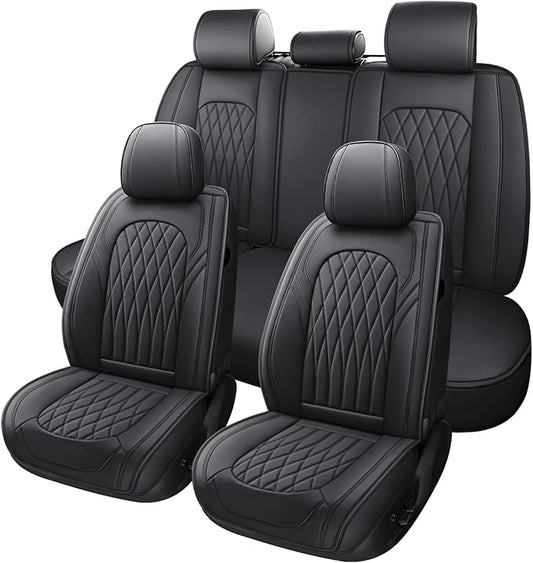 WELLDO Nappa Faux Leather Car Seat Covers Full Set, Black | Waterproof, Non-Slip Seat Protector, 0.28in Thickened Cushion, Airbag Compatible, Universal for Cars SUV Truck Pickup