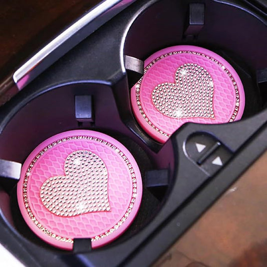 Bling Cup Holder Insert Coaster- 2.75 inch Silicone Anti-Slip Shockproof, Universal Fashion Car Interior Accessories for Women (Pink&Love, 2 PCS)