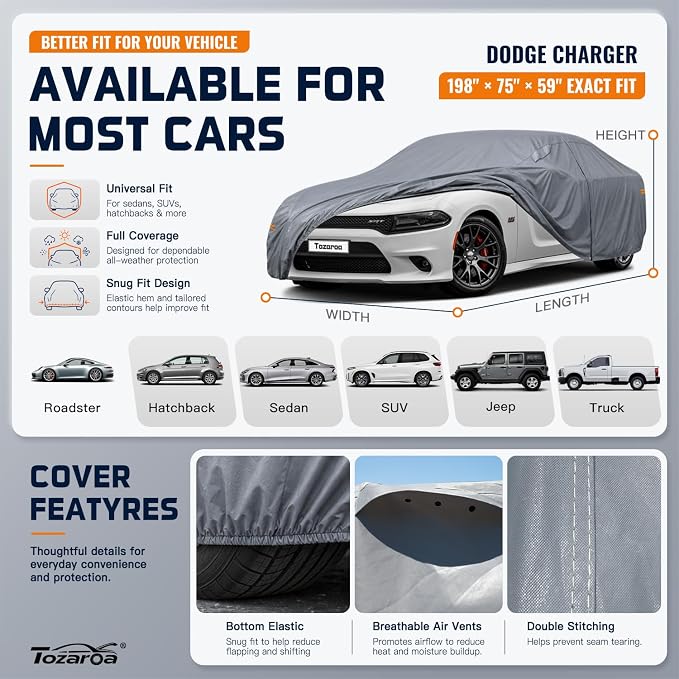 Car Cover Waterproof All-Weather,Outdoor Full Exterior Coupe Covers Custom Fit for Dodge Charger,Model S,Hyundai Genesis,Jaguar XJ,Chevy Malibu,Buick Lesabre Regal,etc,Size C5(See SizeChart)