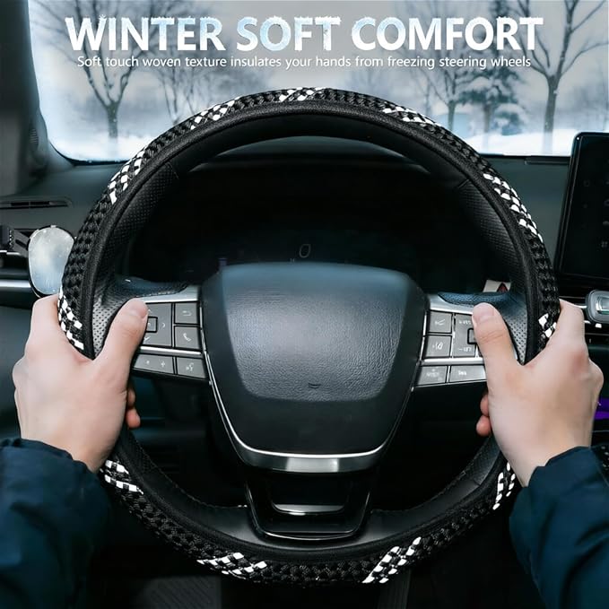 KAFEEK Elastic Mesh Car Steering Wheel Cover, Cute Black White, 15 Inch | Cooling Breathable Fabric, Non Slip Protector for Women Men, Summer Winter, Universal Fit