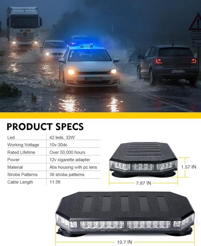 LUMENIX 42 LED Roof Top Strobe Beacon Light Bar, Patent Design, Blue | High Visibility Caution Light Bar with Controller Panel, for Construction Work Trucks Service Vehicles Tow Snow Plow