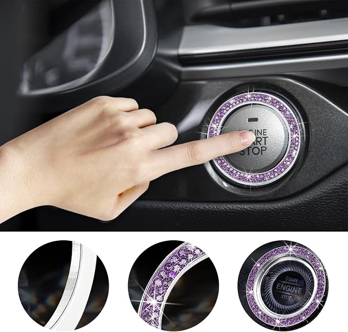 Kewucn Bling Crystal Double Rhinestone Car Engine Start Decoration Ring, Sparkling Push Start Button Sticker, Key Ignition & Knob Ring Decoration, Bling Car Interior Accessory(Purple)