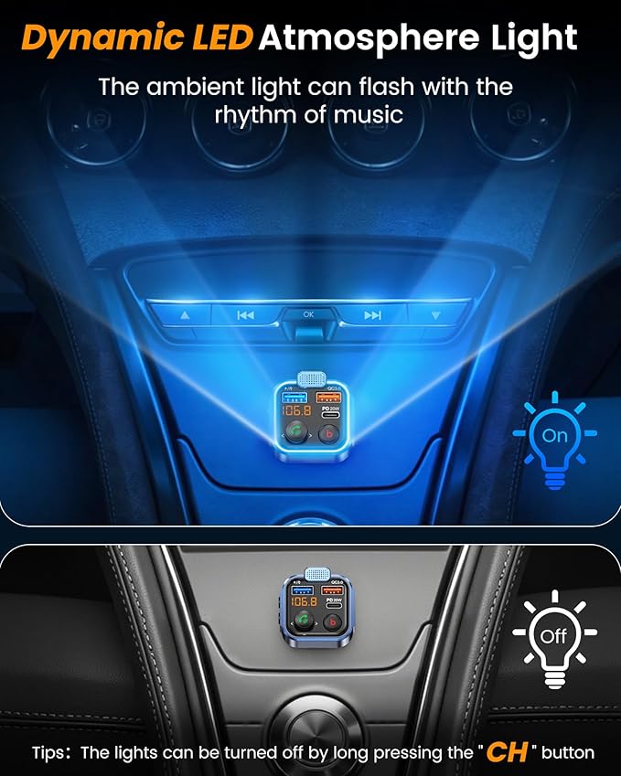 LENCENT FM Transmitter in-Car Adapter, Wireless Bluetooth 5.3 Radio Car Kit | Type-C PD 20W+ QC3.0 Fast USB Charger, Hands-Free Calling, MP3 Player Receiver Hi Fi Bass, Support U Disk