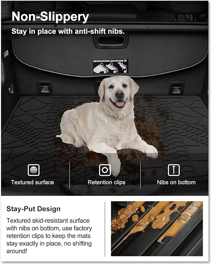 Kiwi Master Floor Mats & Cargo Mat for 2014-2023 Jeep Cherokee | OEM Replacement 82214855, Custom Fit All Weather Car Mats, Heavy Duty TPE Floor Liners, Front Rear Tray Trunk Mat Set, Black