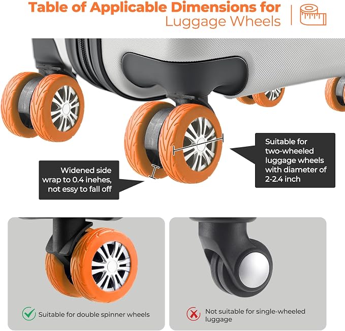 8Pcs Upgrade Luggage Wheel Covers, Travel Accessories (Orange) | Wear-resistant & anti-noise silicone covers. Fits 2-2.4" wheels. Protects suitcase wheels. Travel essential for suitcases