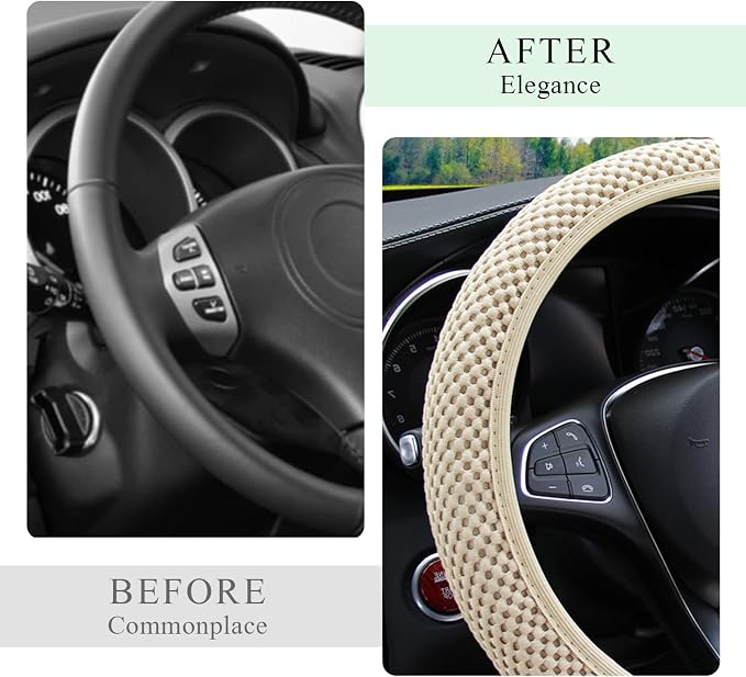 Yourkar Elastic Steering Wheel Cover, 15"×15" Comfy Breathable Stretch Steering Wheel Protector, Ice-Silk Cloth Polyester Steering Wheel Cover for Men Women, Car Accessories (Beige)