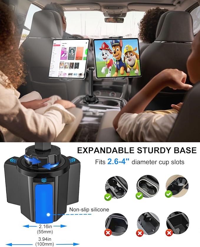 Dual iPad Cup Holder Mount for Tablet & Phone, Heavy Duty Metal Cup Holder Tablet Mount for Car, Truck, Double Cup Holder Tablet Holder for iPad Pro Air Mini, iPhone, Z Fold, 4-13" Device