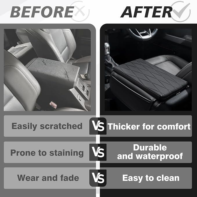 Muslogy Center Console Armrest Cover Fit for Ford Bronco 2021 2022 2023 2024 2025 2026 Accessories, Comfort Armrest Pad Console Lid Cushion Vegan Leather 1-Inch Extra Thick (V2 Diamond Pattern)