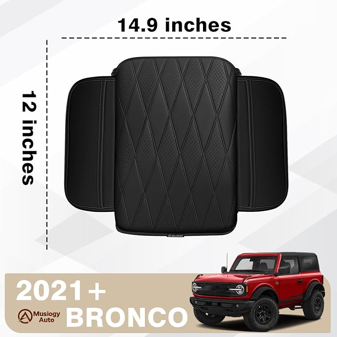Muslogy Center Console Armrest Cover Fit for Ford Bronco 2021 2022 2023 2024 2025 2026 Accessories, Comfort Armrest Pad Console Lid Cushion Vegan Leather 1-Inch Extra Thick (V2 Diamond Pattern)