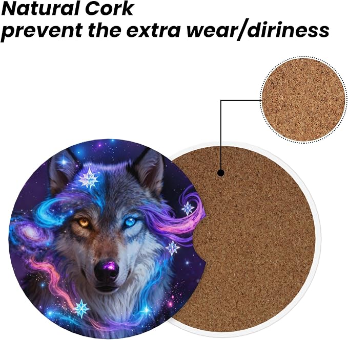 Galaxy Wolf Car Cup Holder Coasters 2 Pack 2.63" for Women | Universal Anti Slip Ceramic Absorbent Coaster with Cork Base and Finger Notch Cute Car Accessories Interior