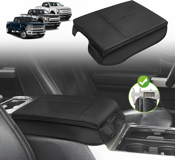 Muslogy Center Console Armrest Cover Fit for Ford F150 2015-2020 & F250 F350 F450 2017-2022 & Expedition 2018-2024 Accessories, Armrest Pad Console Lid Cushion Vegan Leather 1-Inch Thick(Bucket Seat)