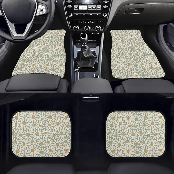 Daisy Flower Print Car Floor Mats Set of 4 Retro Groovy Floral Universal Vehicle Floor Carpet Decorative Auto Front Rear Foot Rugs for Trucks SUV Sedan