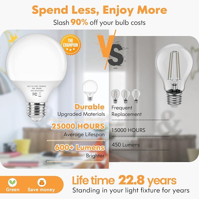 Brightever G25 LED Light Bulbs 60 Watt Equivalent, 2700K Warm White LED Globe Light Bulbs with E26 Base for Bathroom, 5W Round Light Bulb for Vanity Mirror, CRI90+, 600LM, Non-Dimmable, 4-Pack